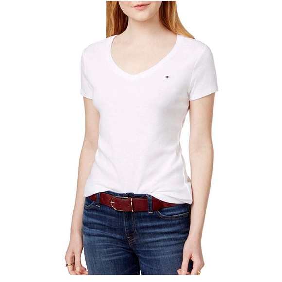 🆕 NWOT Tommy Hilfiger Womens Short Sleeve V-Neck T-Shirt Size Medium, White - Picture 1 of 2